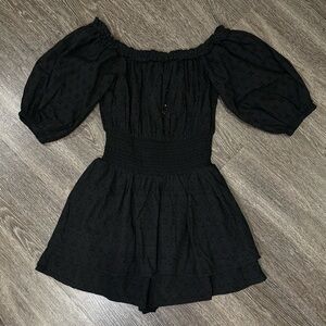 Bershka Eyelet Romper Women Size Medium M Black Puff Sleeve Mini Dress NWT